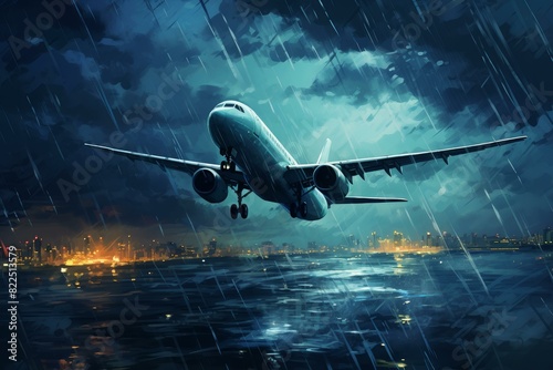 Commercial jet approaches runway with city lights and rain, night scene