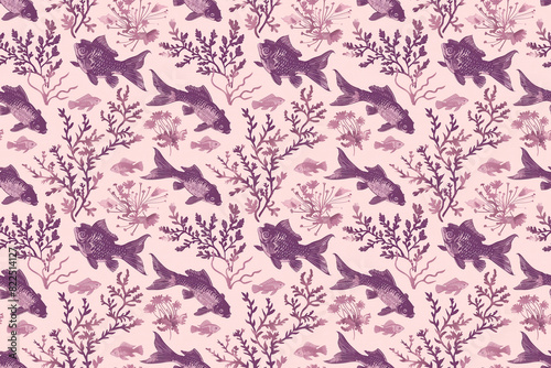 Seamless pattern with detailed fish and seaweed in shades of pink and purple, ideal for marine and aquatic decorations