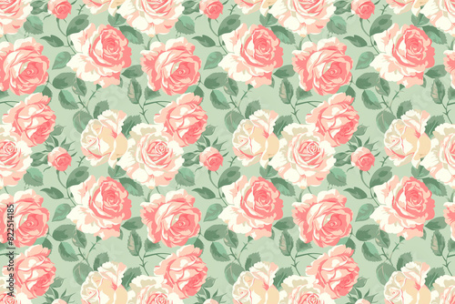 Seamless pattern with pink roses on green background, perfect for romantic and elegant decorations