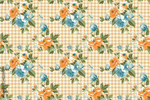 Seamless pattern with vintage floral design on gingham background, ideal for nostalgic and rustic decorations