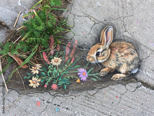 Chalk bunny with flowers