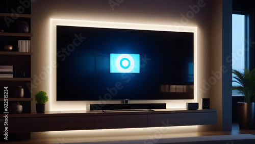 Modern smart home design with monitor screen and white neon lights.