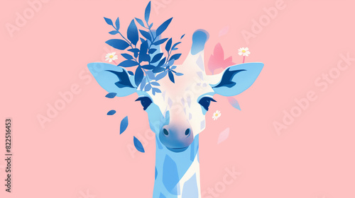 Personagem fofa e delicada - girafa azul em fundo rosa pastel