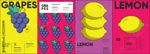 Set of labels, posters, and price tags features line art designs of fruits, specifically grapes and lemons, in a vibrant, minimalistic style.