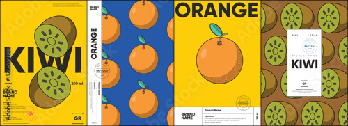 Set of labels, posters, and price tags features line art designs of fruits, specifically kiwis and oranges, in a vibrant, minimalistic style.