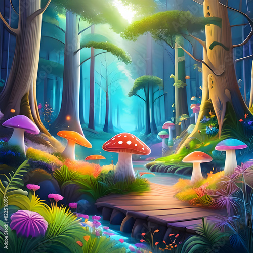  a whimsical, child-friendly scene of a magical forest inhabited by cute, colorful creatures and fairytale elements like mushrooms, fairies, and glowing plants."