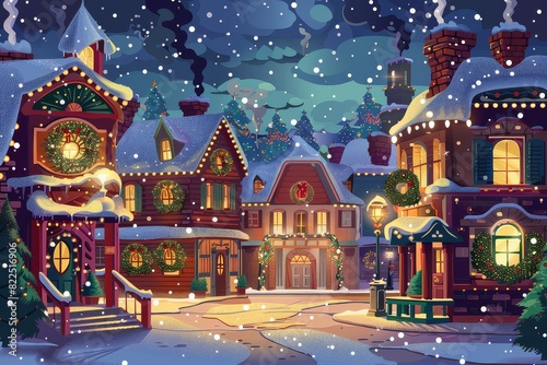 Quaint Village Square Decorated With Twinkling Lights And Wreaths.
