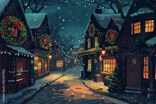 Quaint Village Square Decorated With Twinkling Lights And Wreaths.