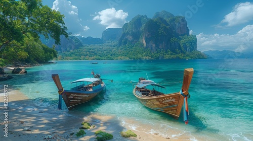 An energetic beach scene with traditional longtail boats
