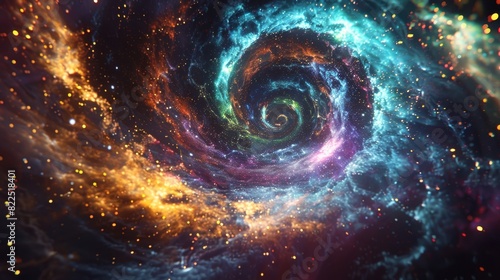 A swirling multicolored cloud of particles erupting from the surface of a neutron stars core and stretching out into space.