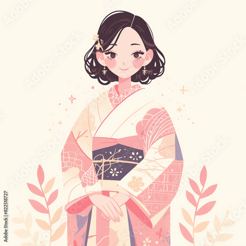 young woman wearing a pink kimono with short wavy hair, illustration of a young woman wearing a pink kimono, Japanese traditional clothing, woman wearing a kimono, cute kimono