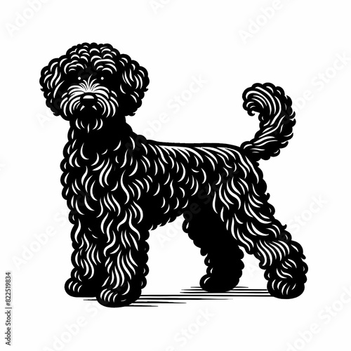 line art of a black schnoodle standing against a white background for use as a logo