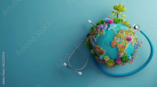 Our planet's health highlighted in a 3D background for World Health Day, accompanied by text and a doctor's stethoscope.