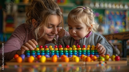 Toys from the montessori system are being played with by mother and toddler close up