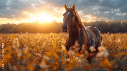 A horse eating green fodder on the farm.