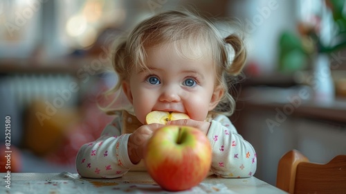 A kindergartener eats a cut apple while sitting by the table