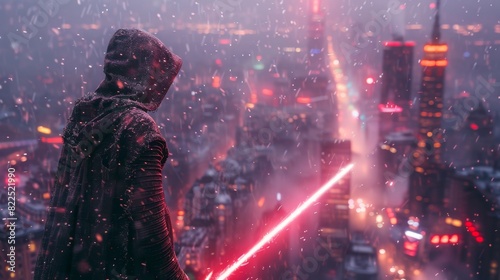 The warrior in the hood wields a bright lightsaber in front of neon-lit futuristic surroundings