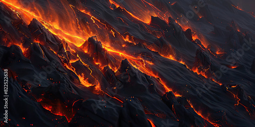 The glowing orange embers cascade down the rocky black mountainside, the soft light playing off their jagged peaks