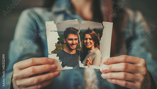 Close up image of torn into two pieces photograph of young couple in hands of upset crying woman