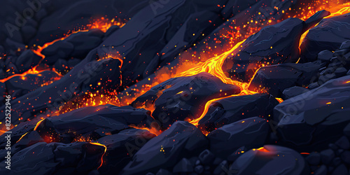 The glowing orange embers cascade down the rocky black mountainside, the soft light playing off their jagged peaks