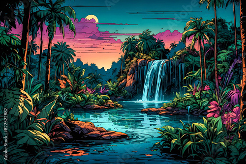 A neon-lit jungle waterfall cascading into a pool of glowing water, surrounded by lush vegetation and exotic animals vector art illustration generative AI image. 
