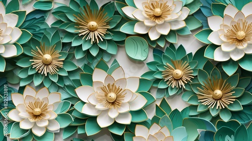 Seamless pattern featuring 3D Emerald and Gold Lotus florals, resembling a paper quill design. 