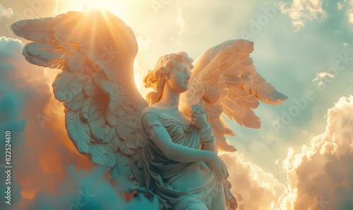 A beautiful statue of an angel with its wings spread wide stands tall against a backdrop of soft clouds and a bright sun. AI.
