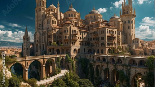 An illustration of a beautiful European city with a river flowing through it. AI.
