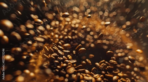 Close-up of roasted coffee beans surface rotate in a circle spinning background. Generated AI