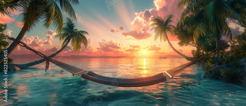 A tropical island paradise with crystal-clear water, palm trees, and a hammock strung between two trees, sunset lighting, photorealistic3D vector illustrations