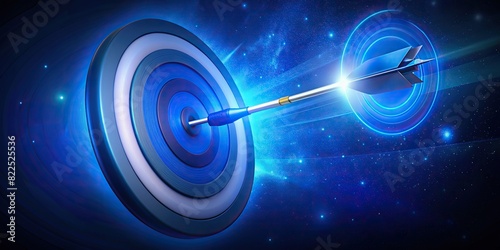 Blue arrow hitting bullseye target representing success in business