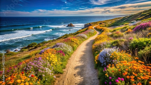 Beautiful coastal trail lined with blooming wildflowers in the springtime