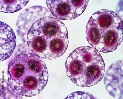 Close-up image of a group of biological cells. AI.