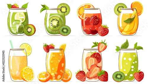 Set with kiwi, orange, strawberry juices and fresh fruits isolated on white