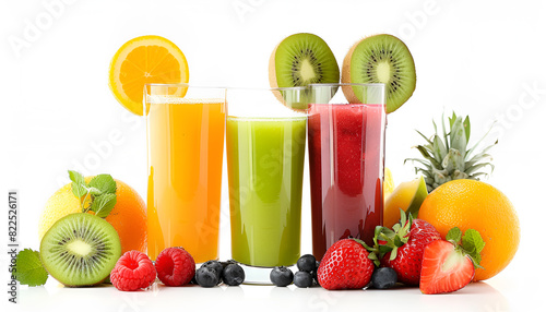 Set with kiwi, orange, strawberry juices and fresh fruits isolated on white