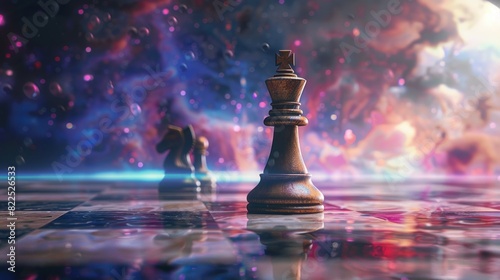 3d illustration a Chess queen figure standing alone on chessboard, dramatic background. Generate AI