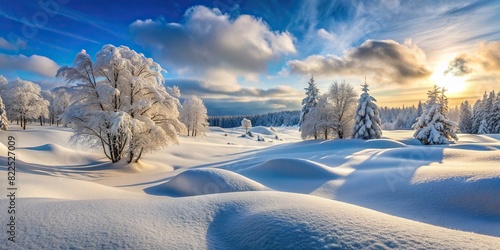 Winter landscape with fresh snowfall and deep snowdrifts