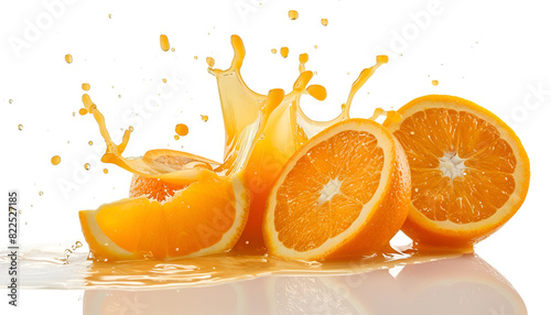 Orange juice splashing with orange fruit. Isolated on white background