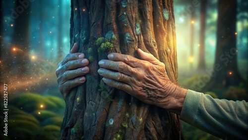 Elderly hands gently cradling the weathered trunk of an ancient tree