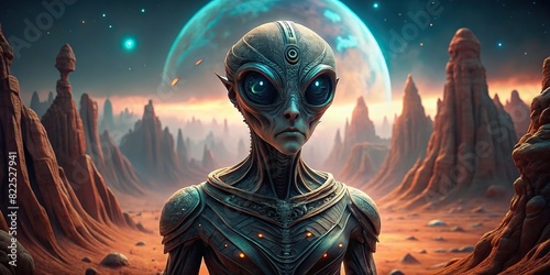 A close-up of an alien standing alone in a surreal landscape