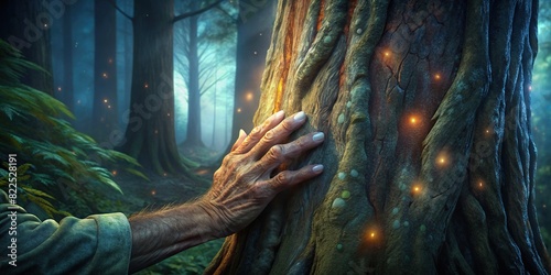 Close-up of wrinkled hands touching the bark of a majestic old tree