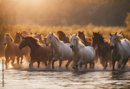  A wild herd of natural horses crosses the river in the golden hour. 