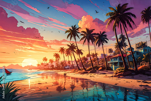 A playful depiction of a cartoon beach scene at sunset, with exaggerated palm trees vector art illustration generative AI image. 