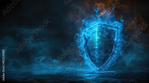 A futuristic cyber shield with blue energy waves, on a solid black background.