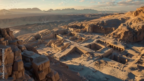 Panoramic view of an archaeological site at sunrise, with shadows casting patterns on ancient ruins.