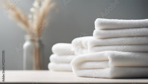 Light white spa towels pile, bath towels lying in a stack on light white peaceful background.