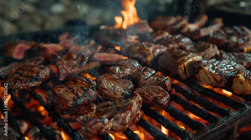 Argentine asado, variety of beef cuts on an open flame grill, outdoor cooking, traditional South American BBQ