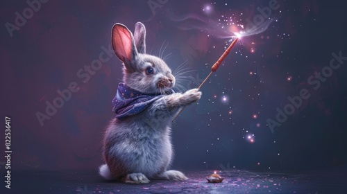 A rabbit in a magician's hat, pulling a carrot out of the hat, on a solid purple background. 