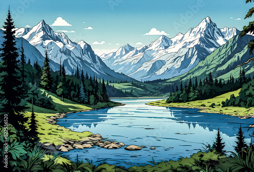 A peaceful scene of towering mountains cloaked in shades of blue, with dense forests and winding rivers below vector art illustration generative AI image. 