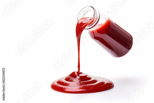 Jar of tomato ketchup overturned, with its contents spilling out onto a white surface